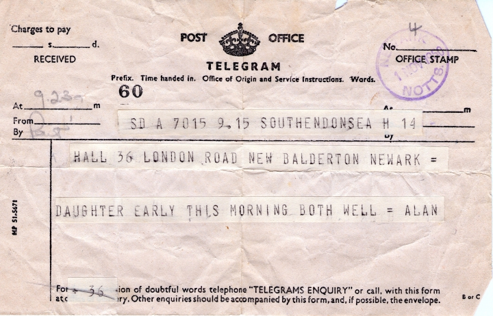 Telegram from Alan Roberts to George Albert and Louise Phyllis Hall announcing Lynne's Birth