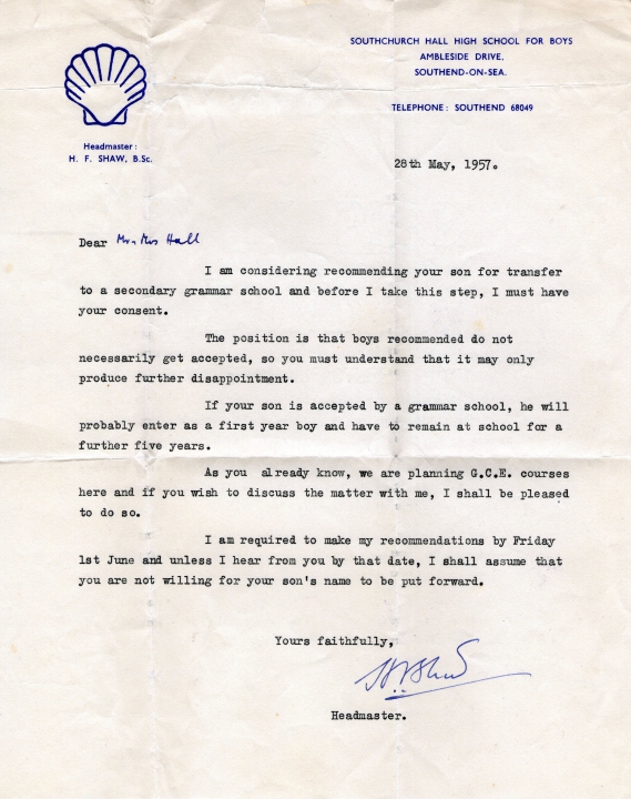 Letter from headmaster - Tony to Grammar School